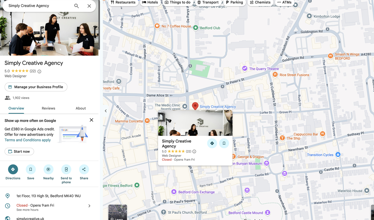 Simply Creative Agency Google Maps listing in Bedford